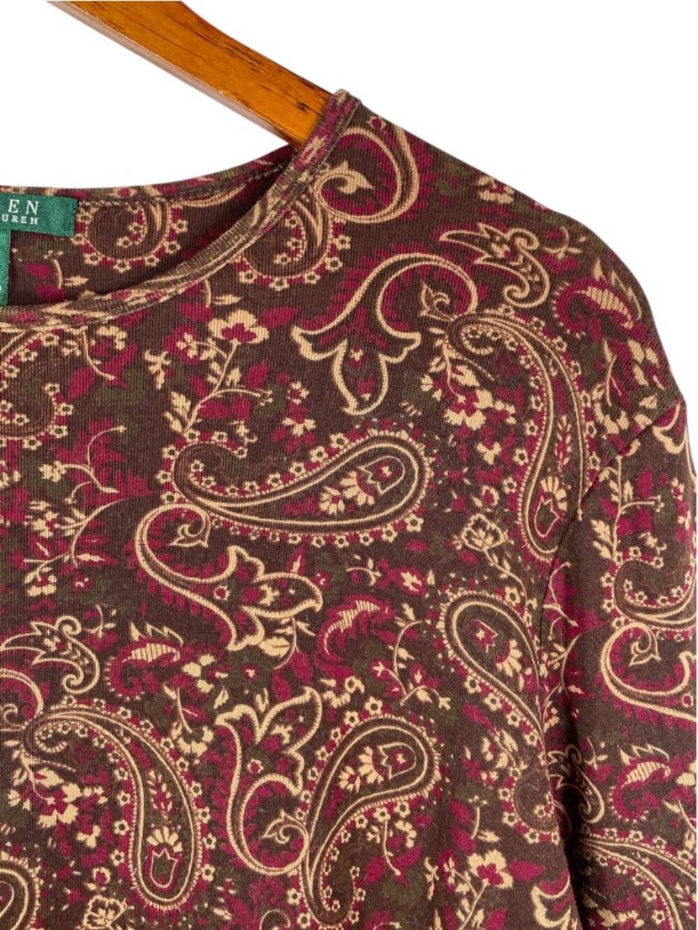 Lauren Ralph Lauren Paisley Cotton Knit Top XL Brown Burgundy Long Sleeve - Picture 4 of 7